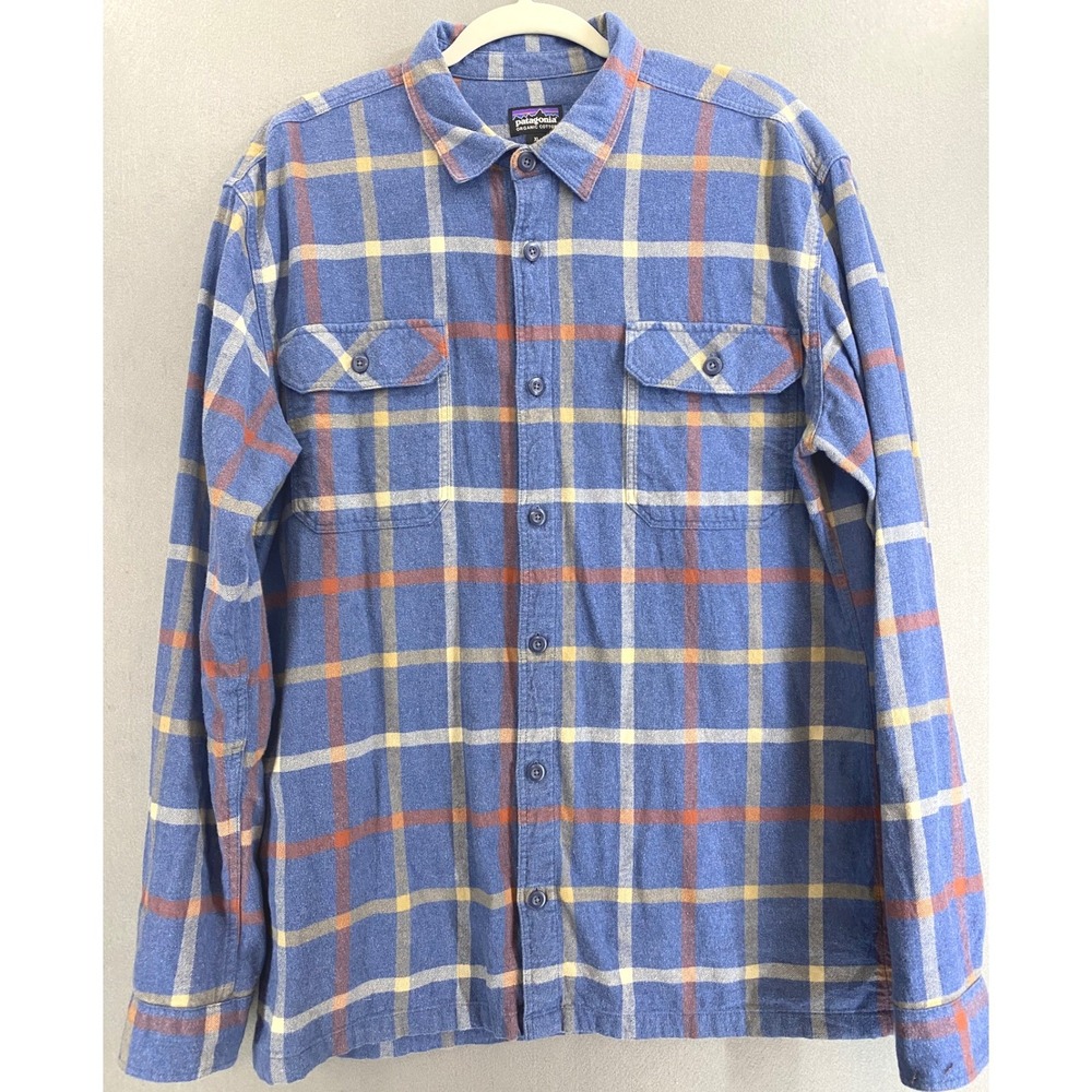 Patagonia‎ Mens XL Fjord Flannel Shirt Blue Orange Yellow Plaid Organic Cotton